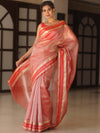 Banarasee Handwoven Plain Tissue Saree With Zari Border-Red