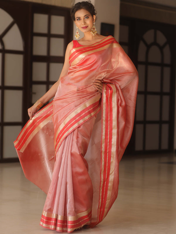 Banarasee Handwoven Plain Tissue Saree With Zari Border-Red