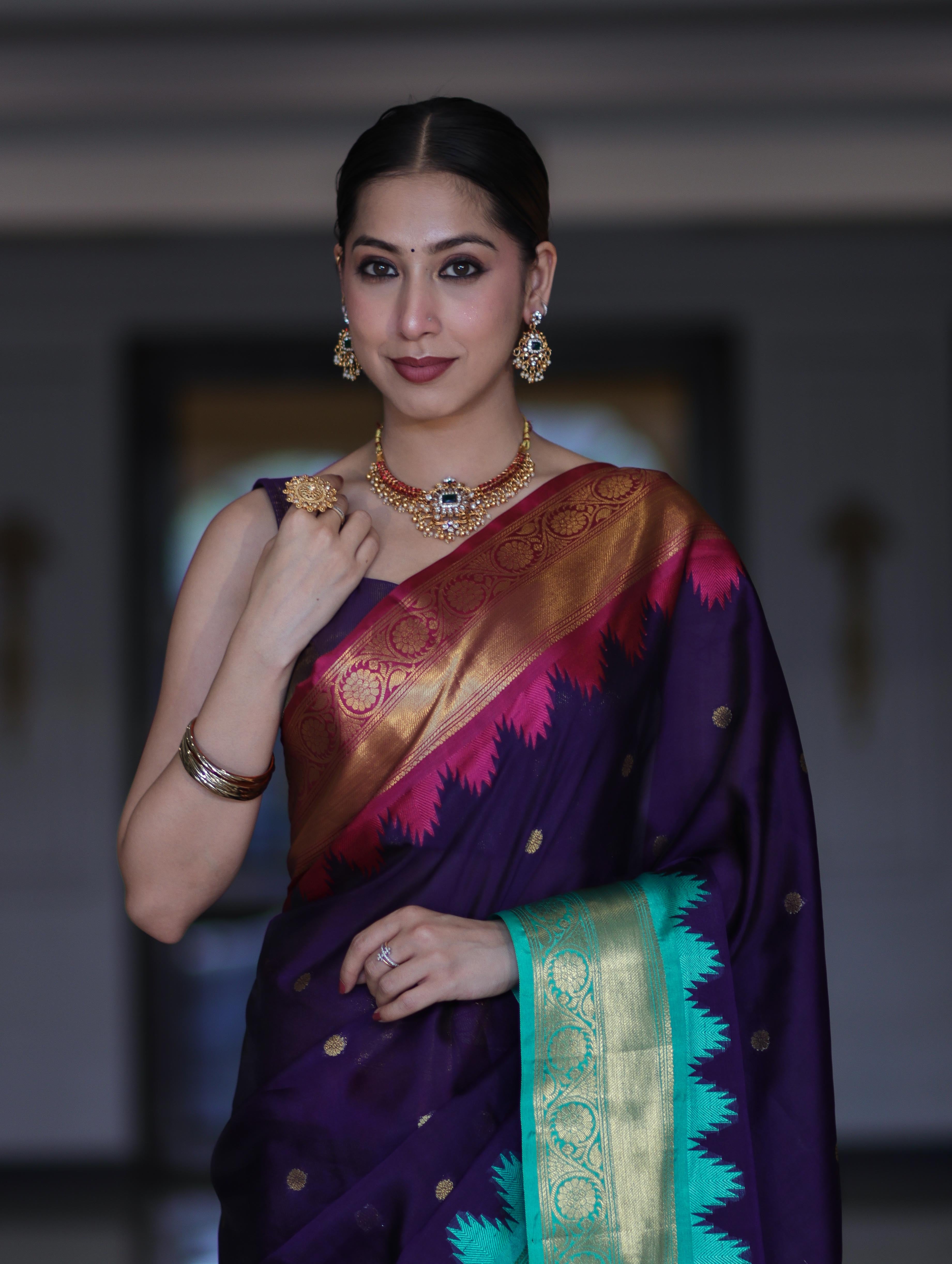 Banarasee Handloom Semi Silk Saree With Buti Design & Contrast Zari Border-Violet