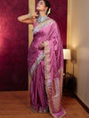 Banarasee Handwoven Semi Katan Saree With Zari Buti Design Border & Lace-Onion Pink