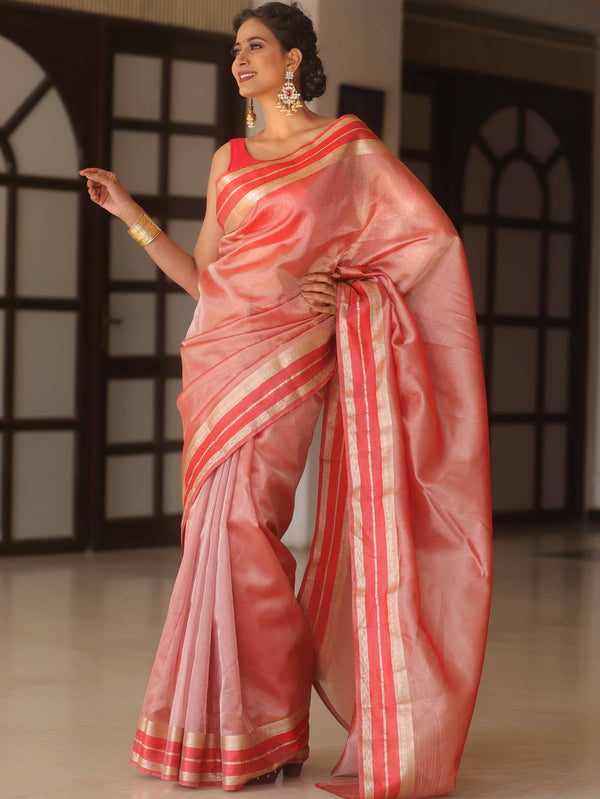 Banarasee Handwoven Plain Tissue Saree With Zari Border-Red