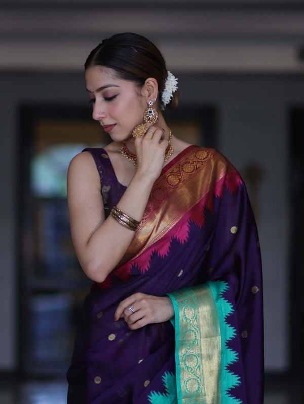 Banarasee Handloom Semi Silk Saree With Buti Design & Contrast Zari Border-Violet