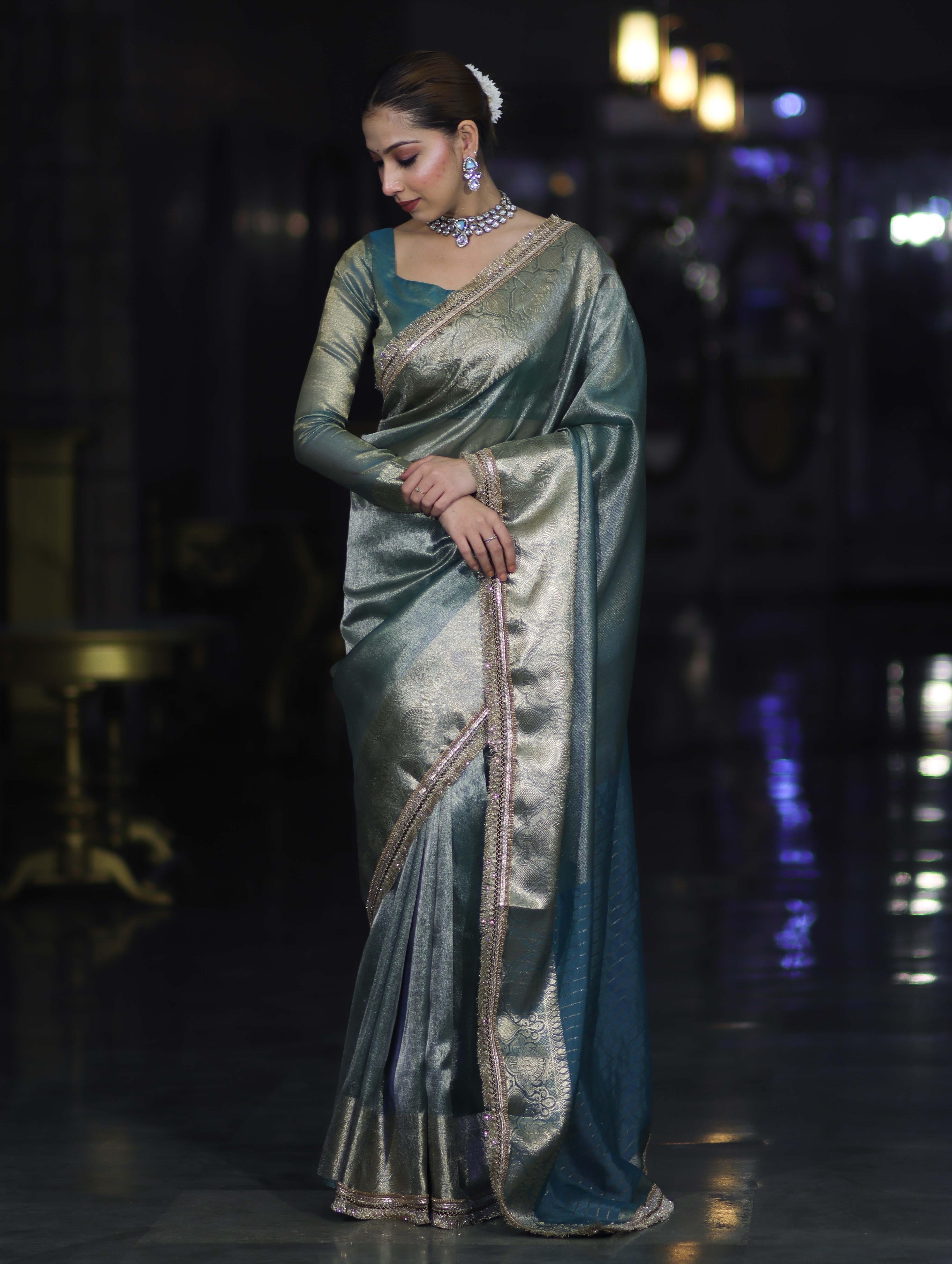 Banarasee Handloom Plain Tissue Saree With Zari Border & Lace-Green