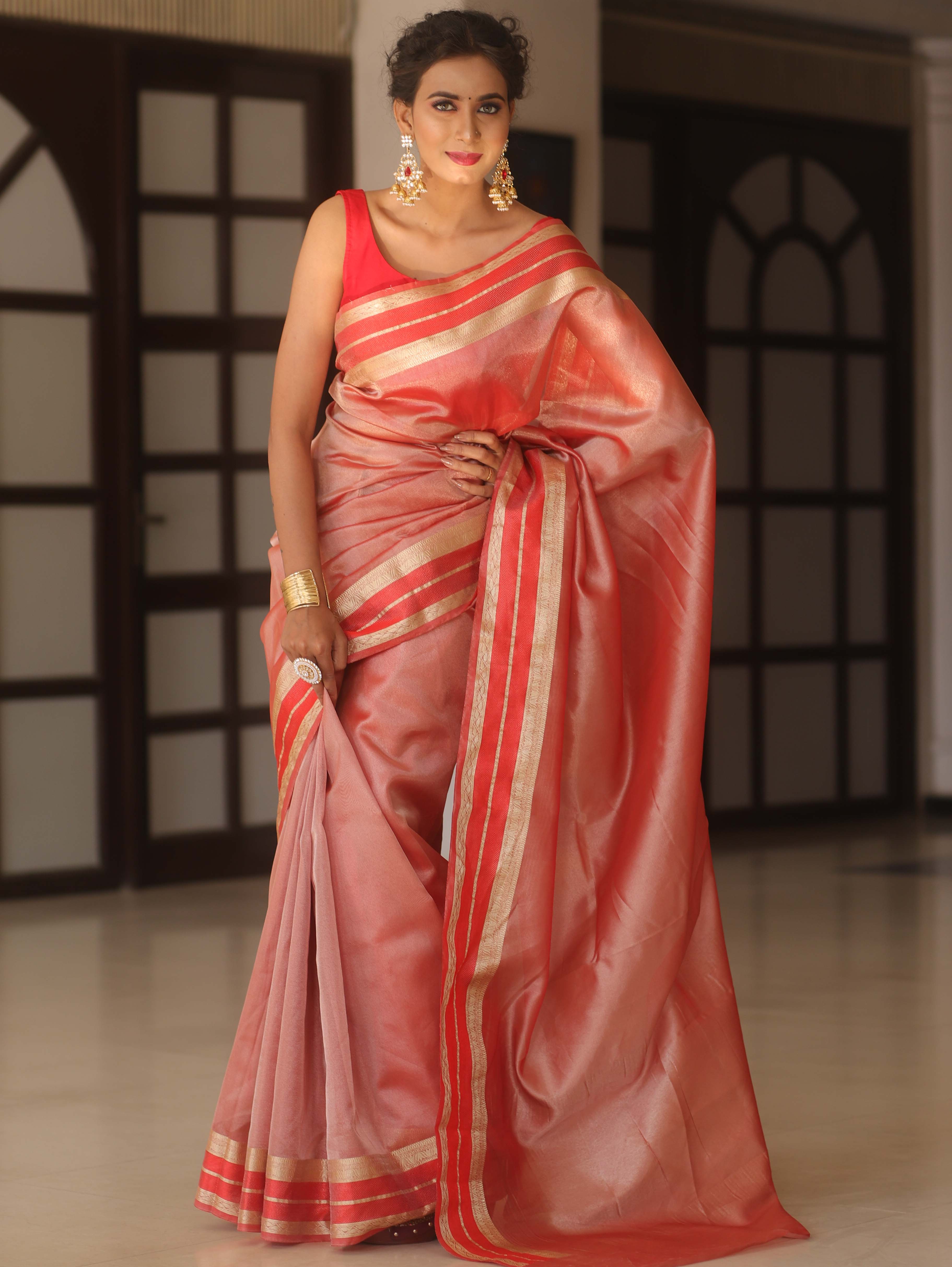 Banarasee Handwoven Plain Tissue Saree With Zari Border-Red