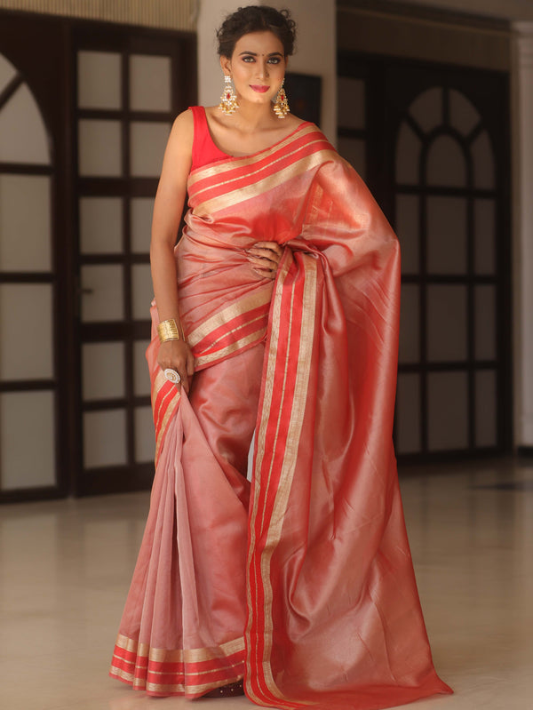 Banarasee Handwoven Plain Tissue Saree With Zari Border-Red