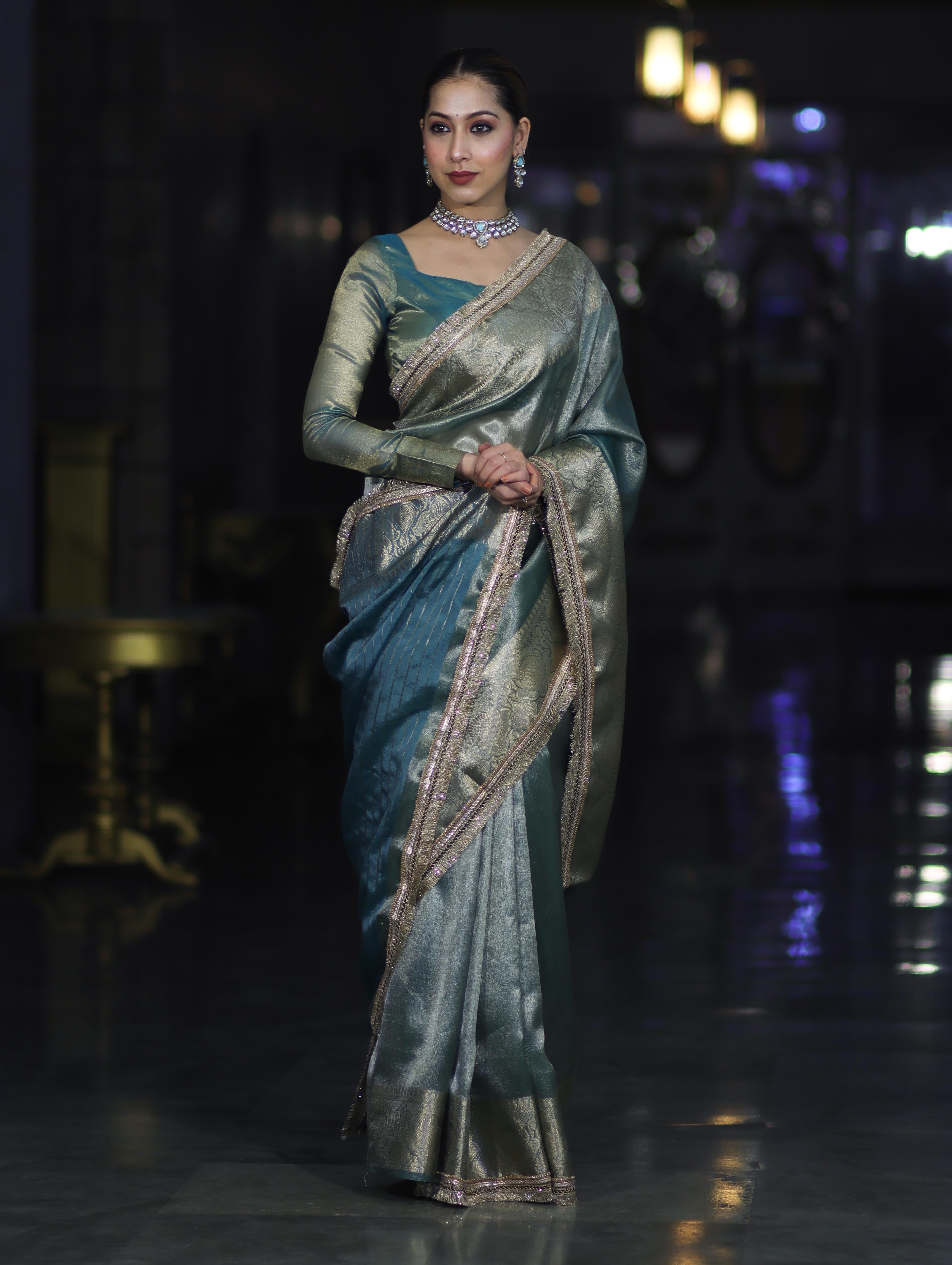 Banarasee Handloom Plain Tissue Saree With Zari Border & Lace-Green