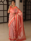 Banarasee Handwoven Plain Tissue Saree With Zari Border-Red