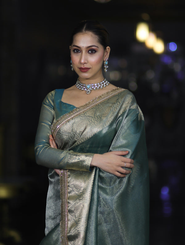 Banarasee Handloom Plain Tissue Saree With Zari Border & Lace-Green