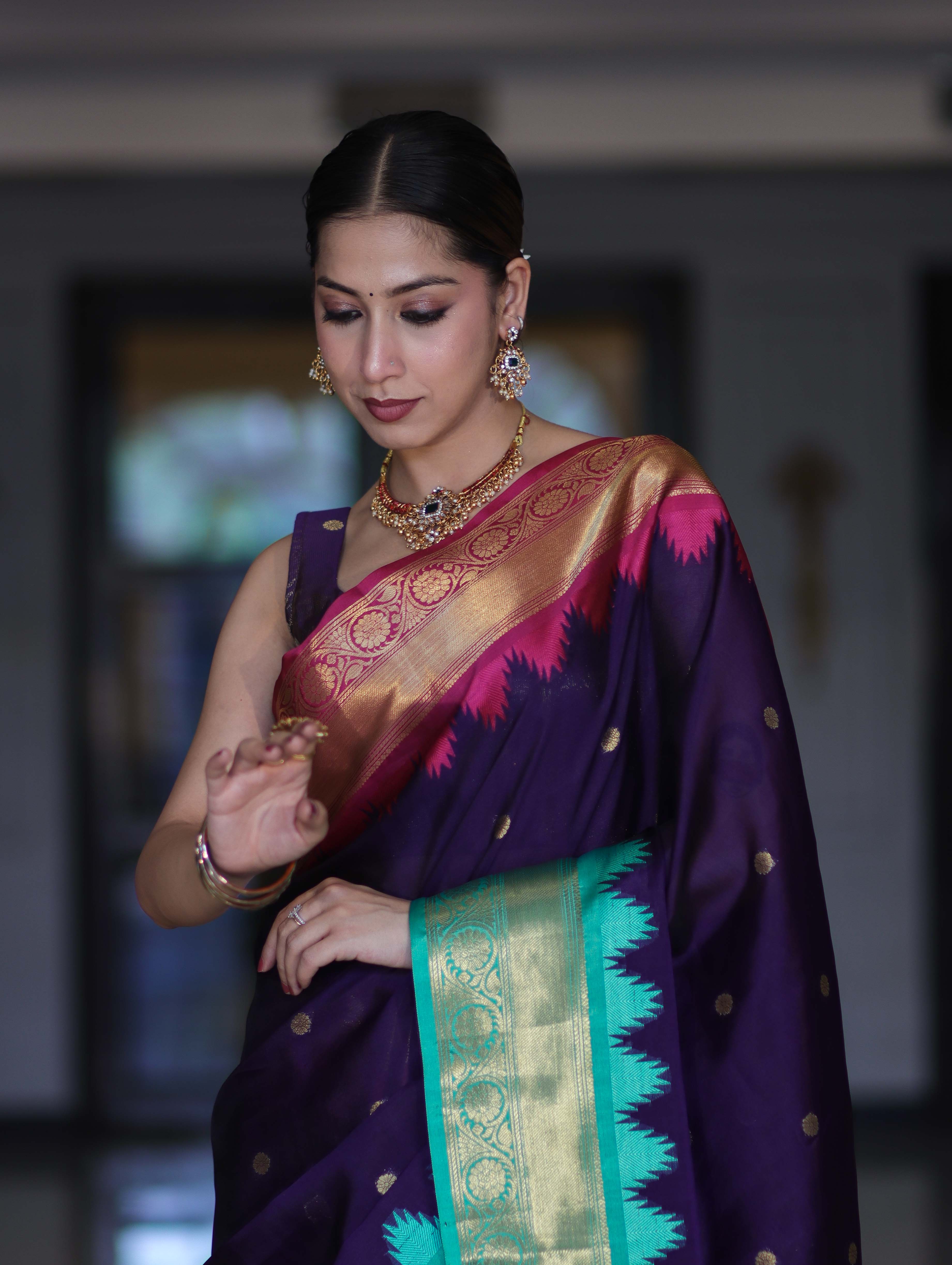 Banarasee Handloom Semi Silk Saree With Buti Design & Contrast Zari Border-Violet