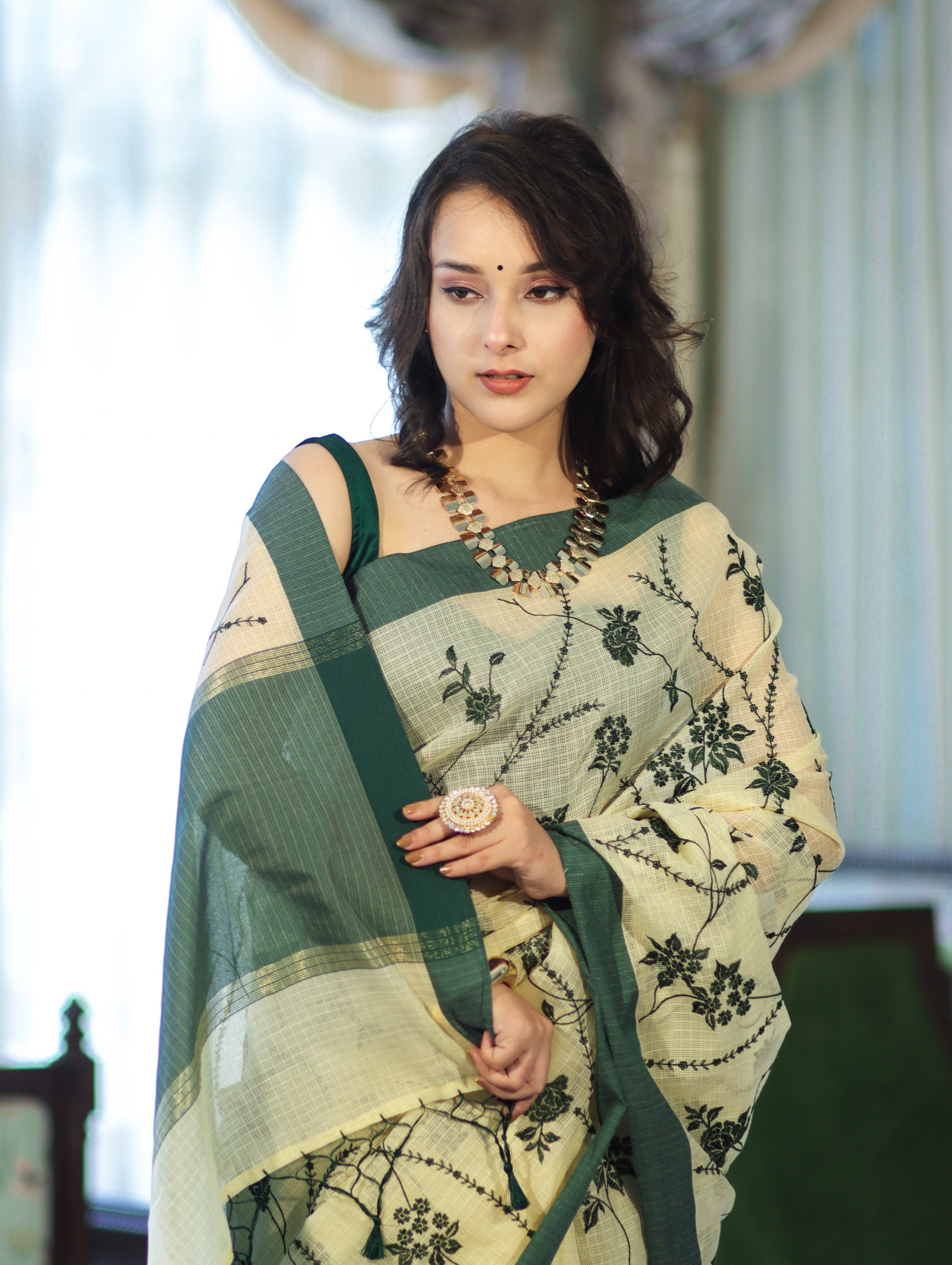 Banarasee Handloom Cotton Silk Kota Check Saree With Resham Embroidery & Contrast Border-Light Yellow