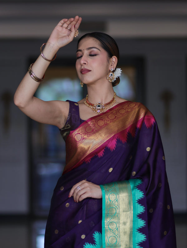 Banarasee Handloom Semi Silk Saree With Buti Design & Contrast Zari Border-Violet