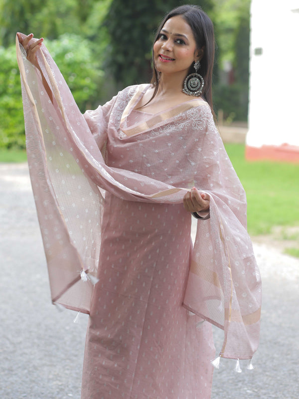 Banarasee Chanderi Cotton Resham Buti Salwar Kameez Fabric With embroidered Kota Dupatta-Mauve