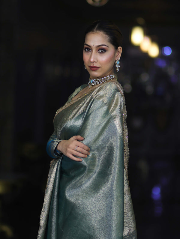 Banarasee Handloom Plain Tissue Saree With Zari Border & Lace-Green