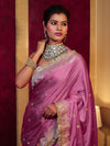 Banarasee Handwoven Semi Katan Saree With Zari Buti Design Border & Lace-Onion Pink