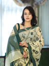Banarasee Handloom Cotton Silk Kota Check Saree With Resham Embroidery & Contrast Border-Light Yellow
