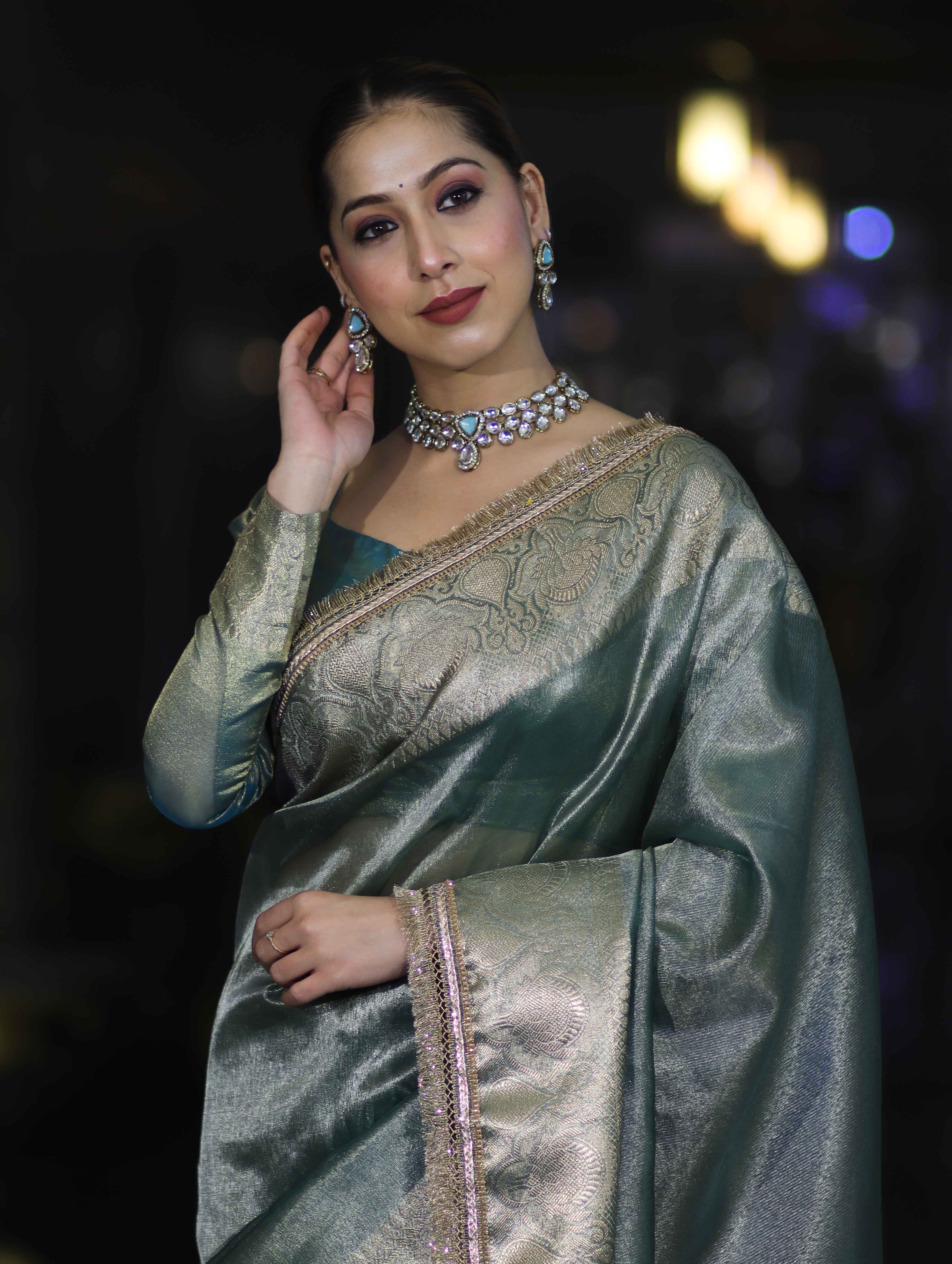 Banarasee Handloom Plain Tissue Saree With Zari Border & Lace-Green