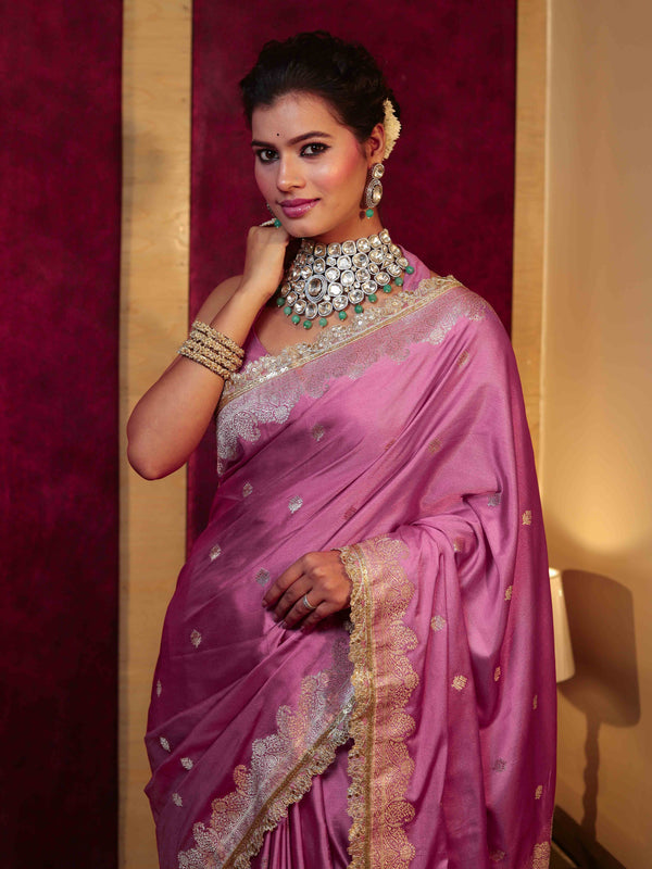 Banarasee Handwoven Semi Katan Saree With Zari Buti Design Border & Lace-Onion Pink