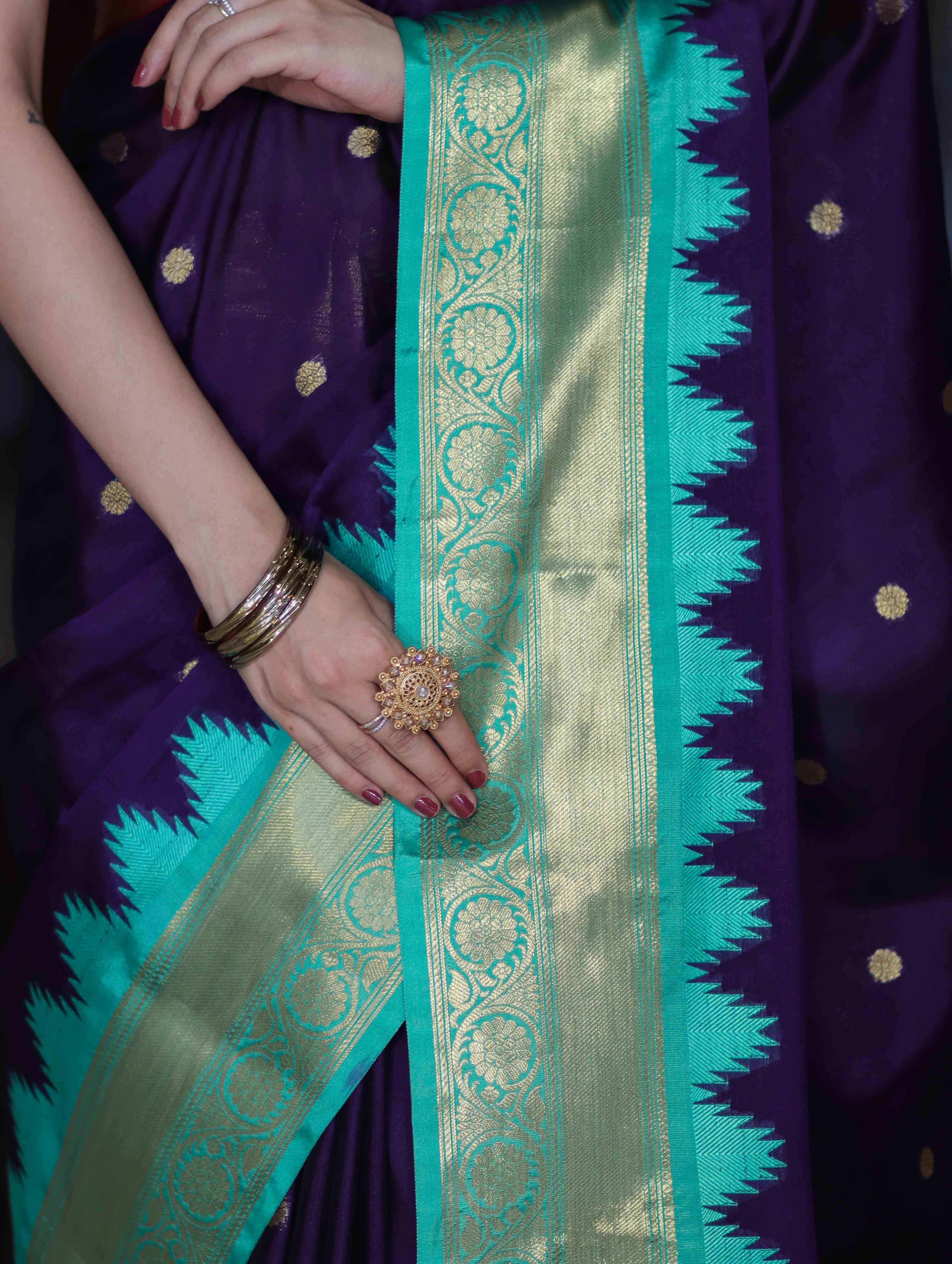 Banarasee Handloom Semi Silk Saree With Buti Design & Contrast Zari Border-Violet