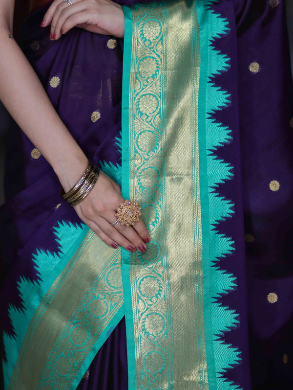 Banarasee Handloom Semi Silk Saree With Buti Design & Contrast Zari Border-Violet