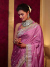 Banarasee Handwoven Semi Katan Saree With Zari Buti Design Border & Lace-Onion Pink