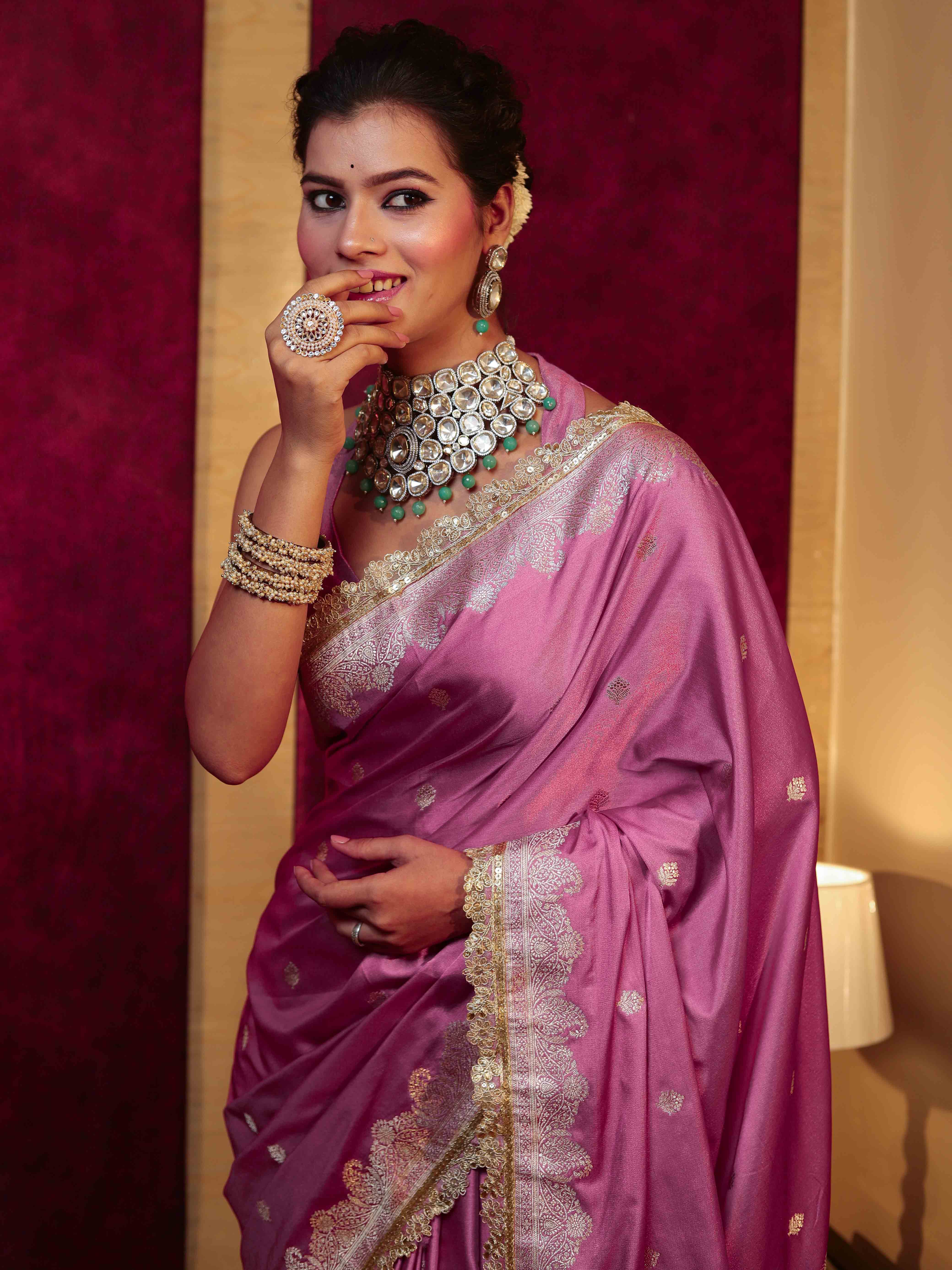Banarasee Handwoven Semi Katan Saree With Zari Buti Design Border & Lace-Onion Pink