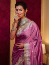 Banarasee Handwoven Semi Katan Saree With Zari Buti Design Border & Lace-Onion Pink