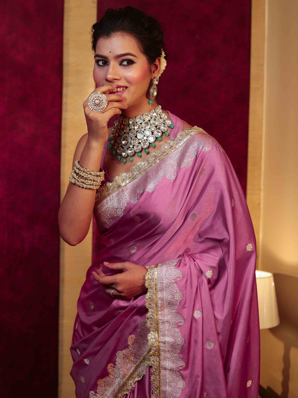 Banarasee Handwoven Semi Katan Saree With Zari Buti Design Border & Lace-Onion Pink