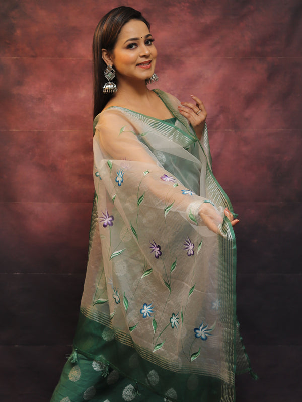 Banarasee Chanderi Salwar Kameez Fabric & Dupatta With Silver Zari-Green & White
