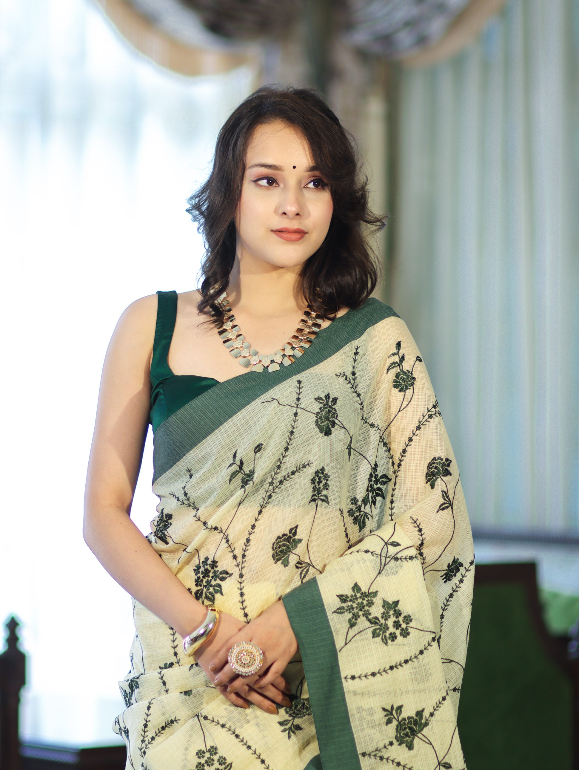 Banarasee Handloom Cotton Silk Kota Check Saree With Resham Embroidery & Contrast Border-Light Yellow