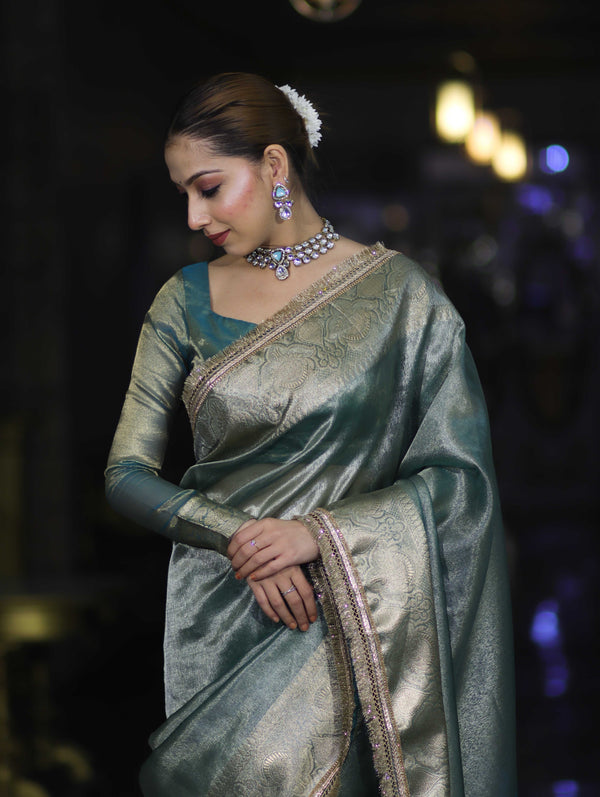 Banarasee Handloom Plain Tissue Saree With Zari Border & Lace-Green