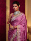 Banarasee Handwoven Semi Katan Saree With Zari Buti Design Border & Lace-Onion Pink
