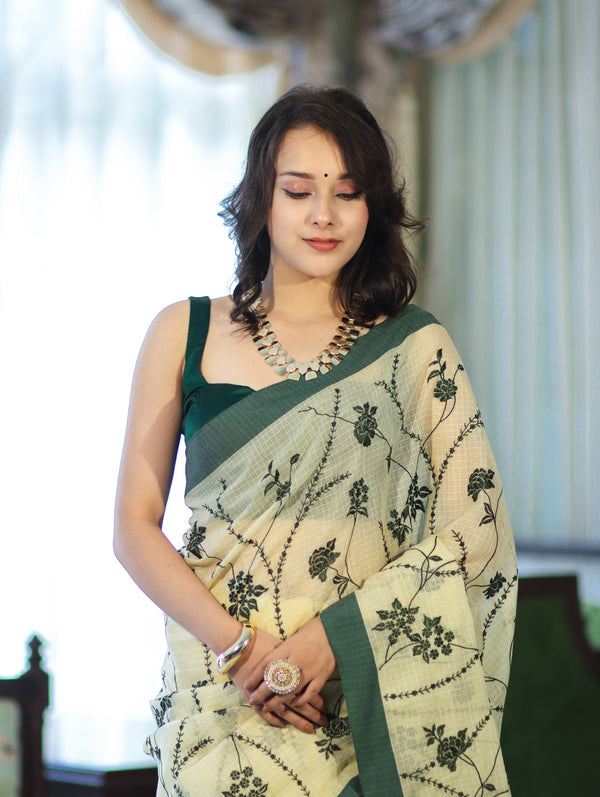 Banarasee Handloom Cotton Silk Kota Check Saree With Resham Embroidery & Contrast Border-Light Yellow