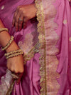 Banarasee Handwoven Semi Katan Saree With Zari Buti Design Border & Lace-Onion Pink