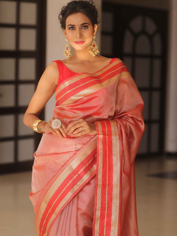 Banarasee Handwoven Plain Tissue Saree With Zari Border-Red