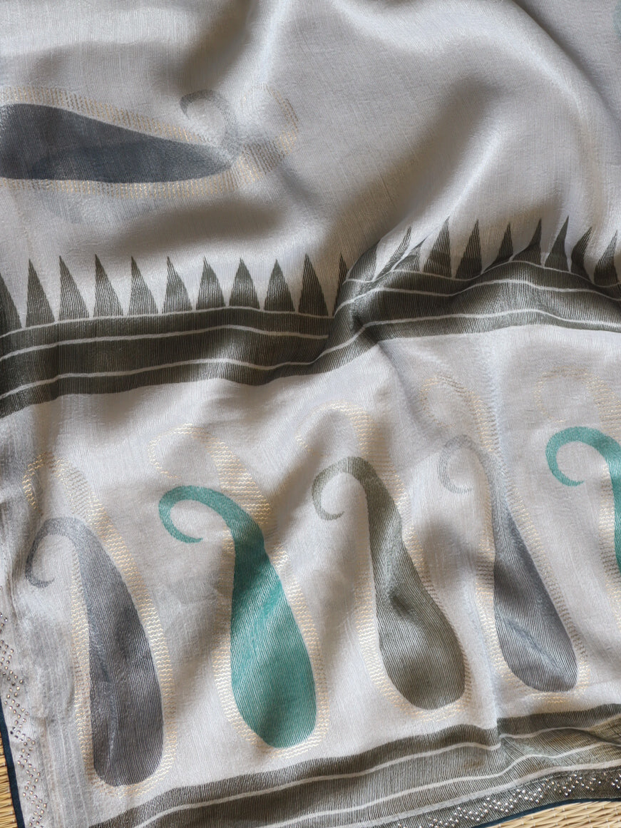 Banarasee Chiffon Saree With Swarovski Work & Contrast Blouse-Grey