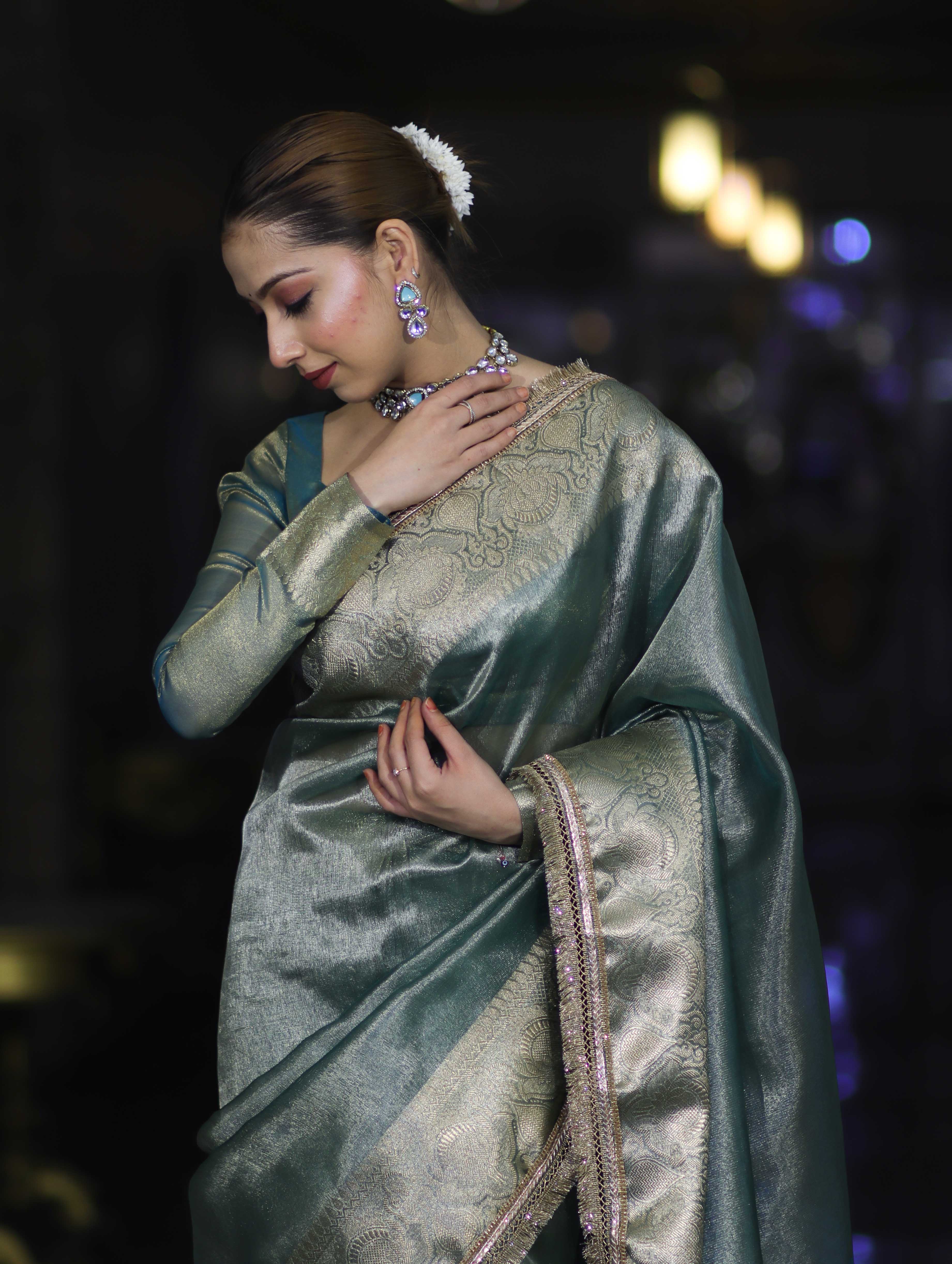 Banarasee Handloom Plain Tissue Saree With Zari Border & Lace-Green