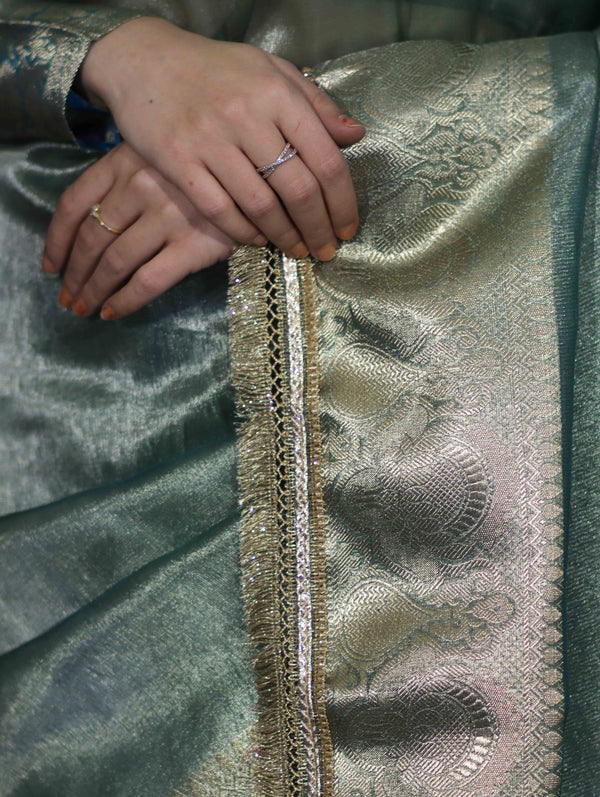 Banarasee Handloom Plain Tissue Saree With Zari Border & Lace-Green