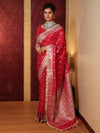 Banarasee Handwoven Semi Katan Saree With Zari Buti Design Border & Lace-Cherry Red