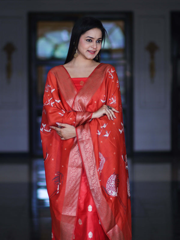 Banarasee Semi-Silk Zari Work Salwar Kameez Fabric With Digital Printed Dupatta Set-Red