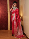 Banarasee Handwoven Semi Katan Saree With Zari Buti Design Border & Lace-Cherry Red