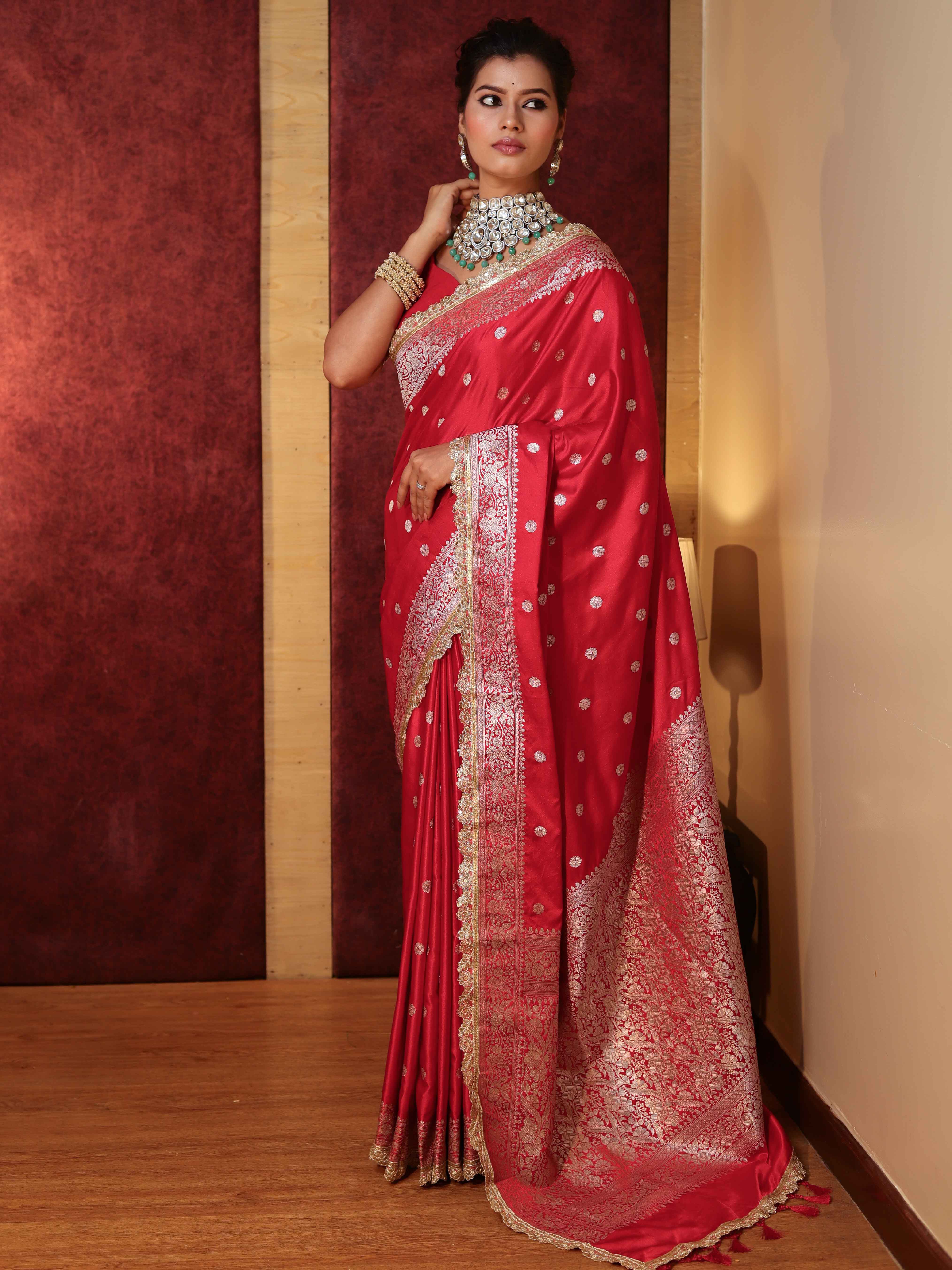 Banarasee Handwoven Semi Katan Saree With Zari Buti Design Border & Lace-Cherry Red