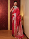 Banarasee Handwoven Semi Katan Saree With Zari Buti Design Border & Lace-Cherry Red