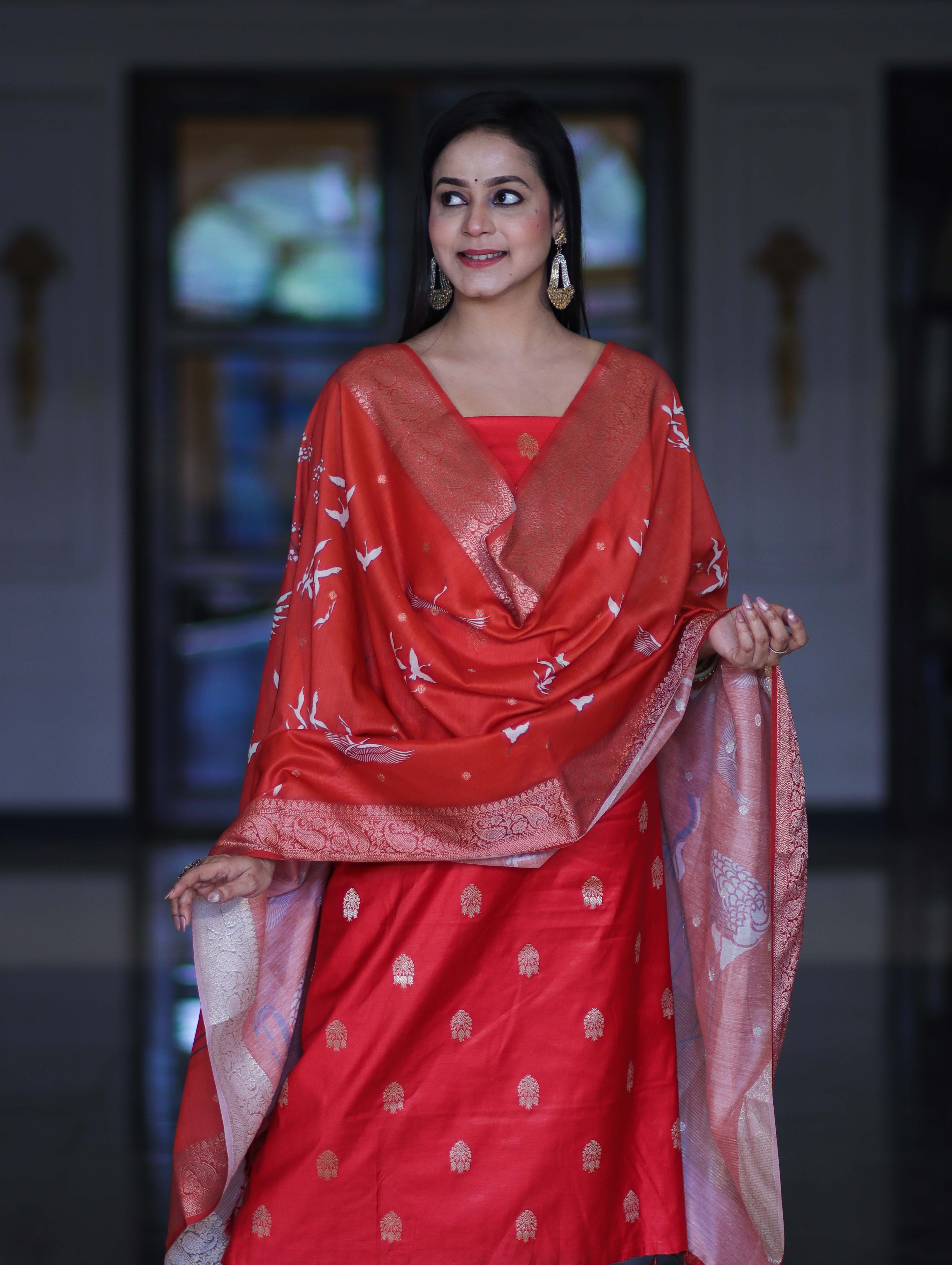 Banarasee Semi-Silk Zari Work Salwar Kameez Fabric With Digital Printed Dupatta Set-Red