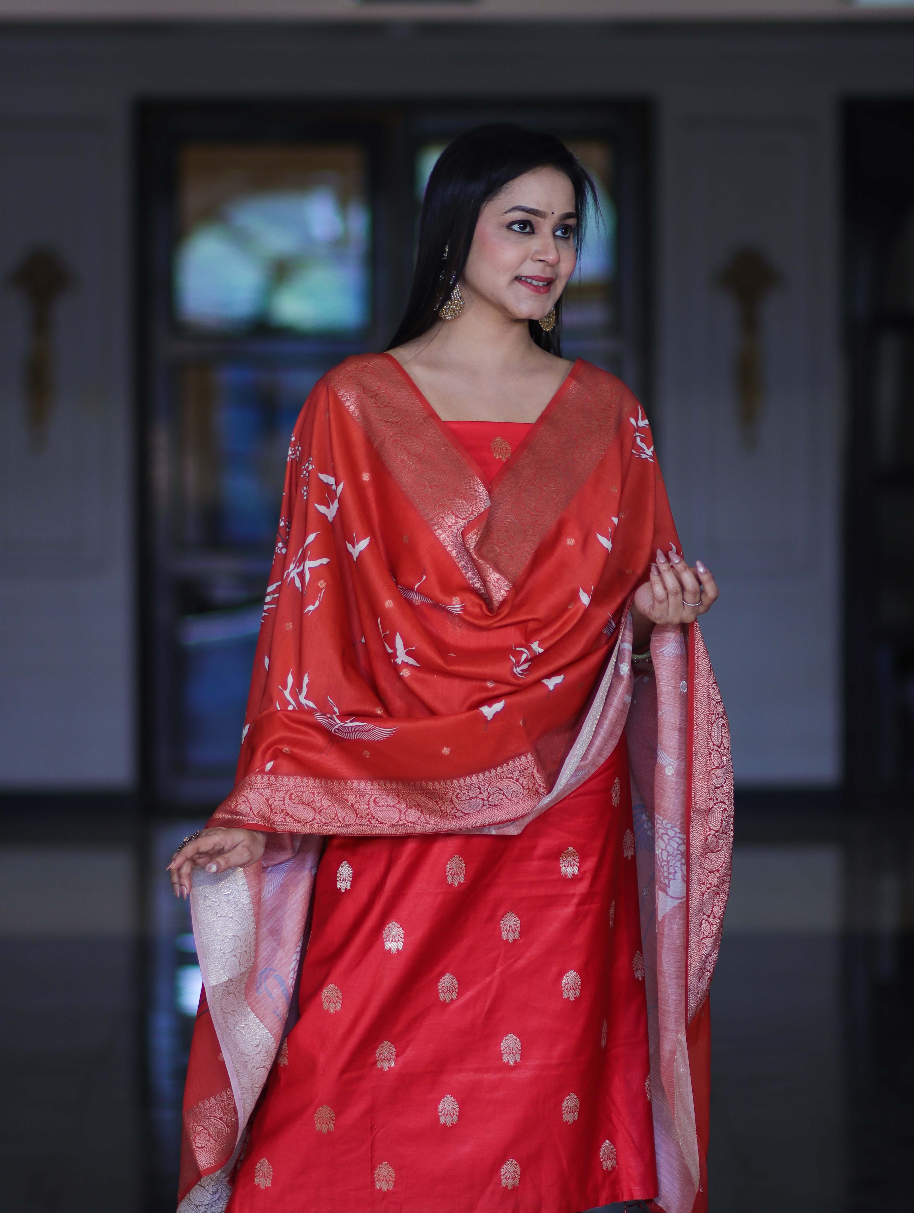 Banarasee Semi-Silk Zari Work Salwar Kameez Fabric With Digital Printed Dupatta Set-Red