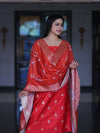 Banarasee Semi-Silk Zari Work Salwar Kameez Fabric With Digital Printed Dupatta Set-Red