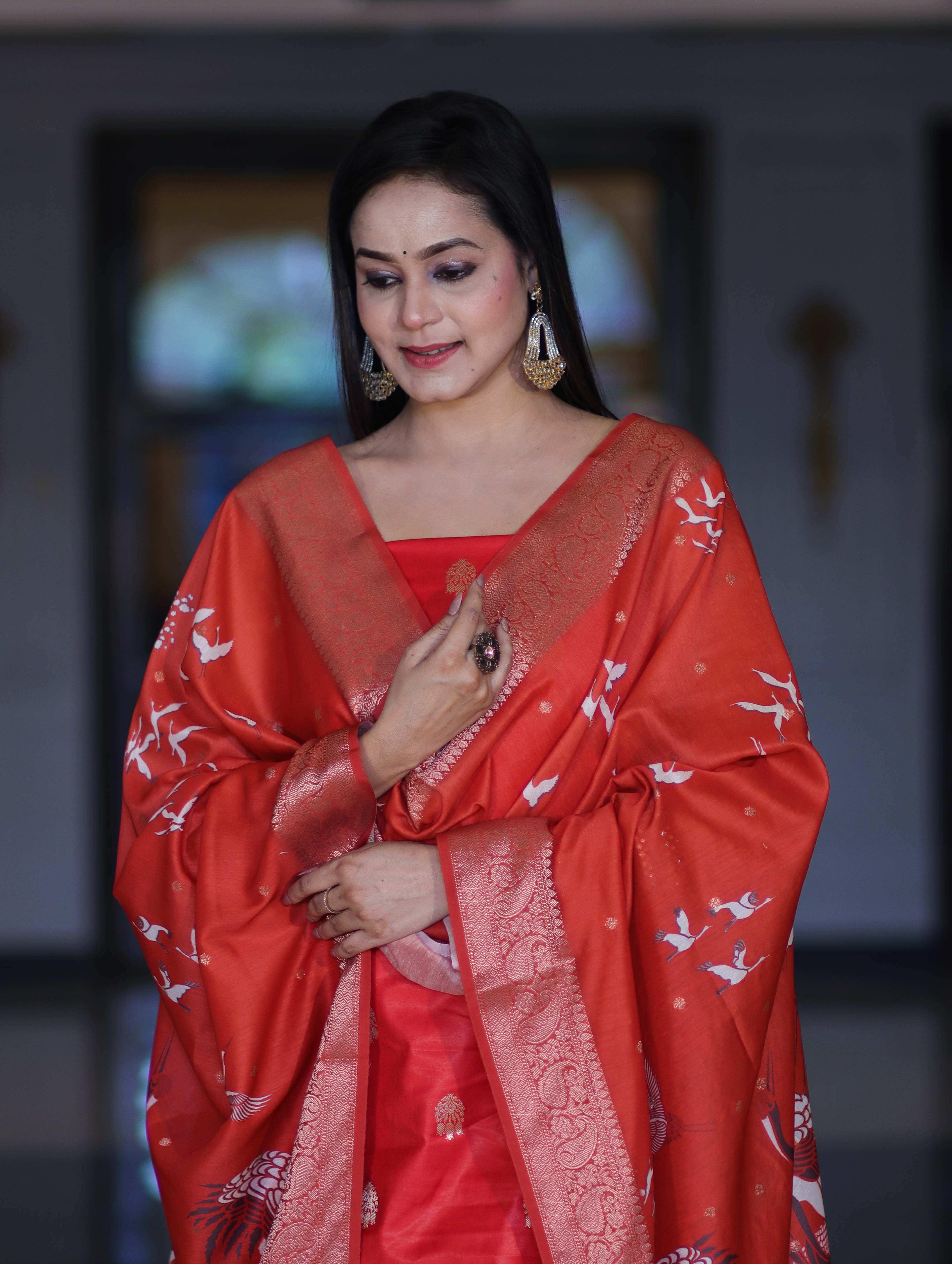 Banarasee Semi-Silk Zari Work Salwar Kameez Fabric With Digital Printed Dupatta Set-Red