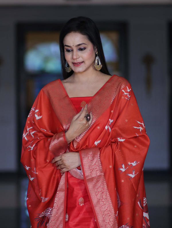 Banarasee Semi-Silk Zari Work Salwar Kameez Fabric With Digital Printed Dupatta Set-Red