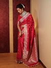 Banarasee Handwoven Semi Katan Saree With Zari Buti Design Border & Lace-Cherry Red