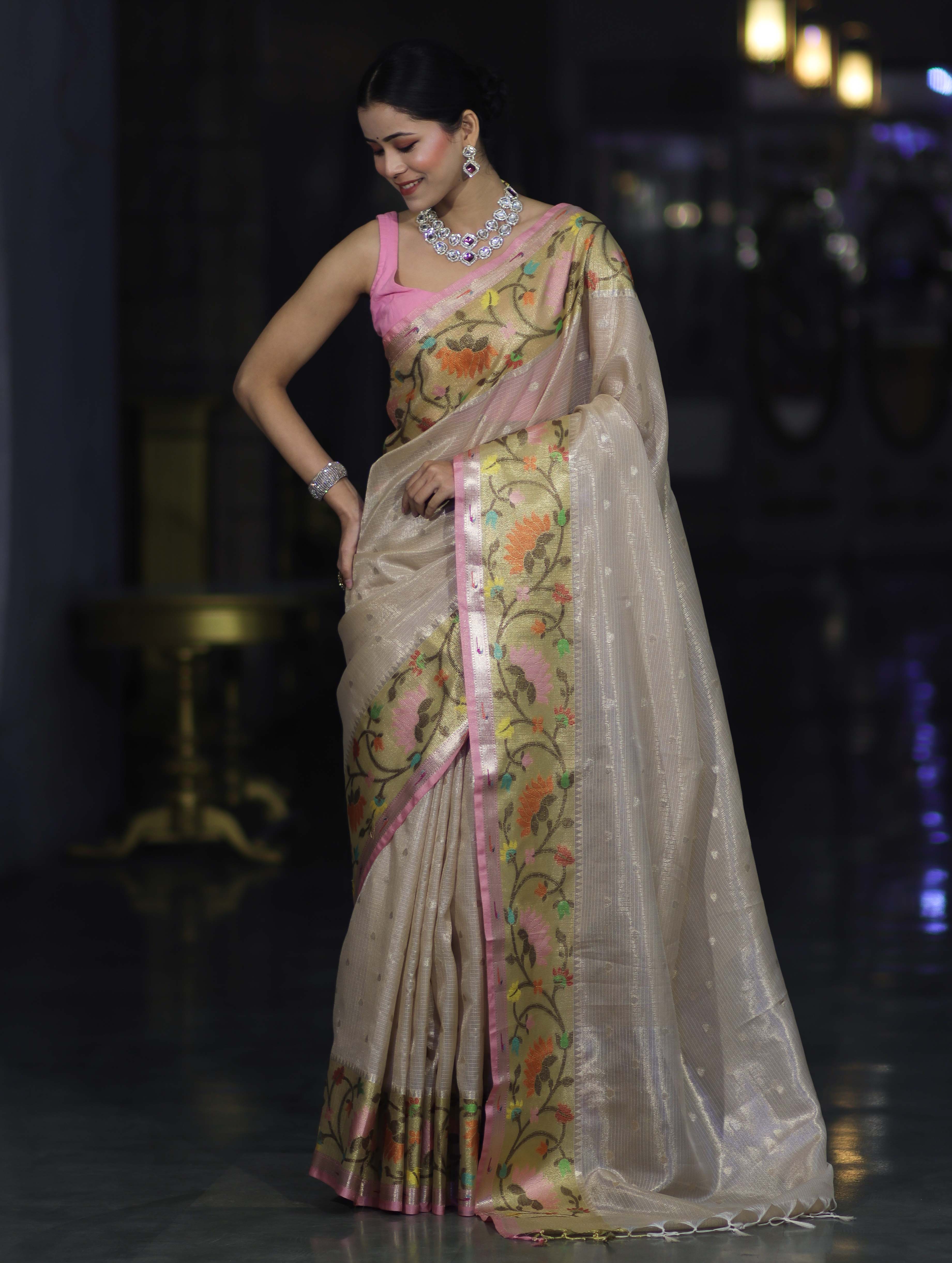 Banarasee Kota Checks Tissue Saree With Zari & Thread Embroidery & Contrast Border-Beige