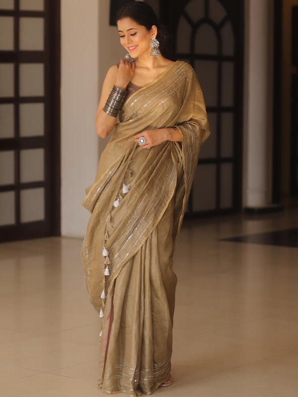 Banarasee Handloom Pure Linen Sequins Work Saree-Brown